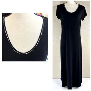 Valentina Maxi Dress Black Scoop RHINESTONE NECKLINE Slinky Knit M EUC